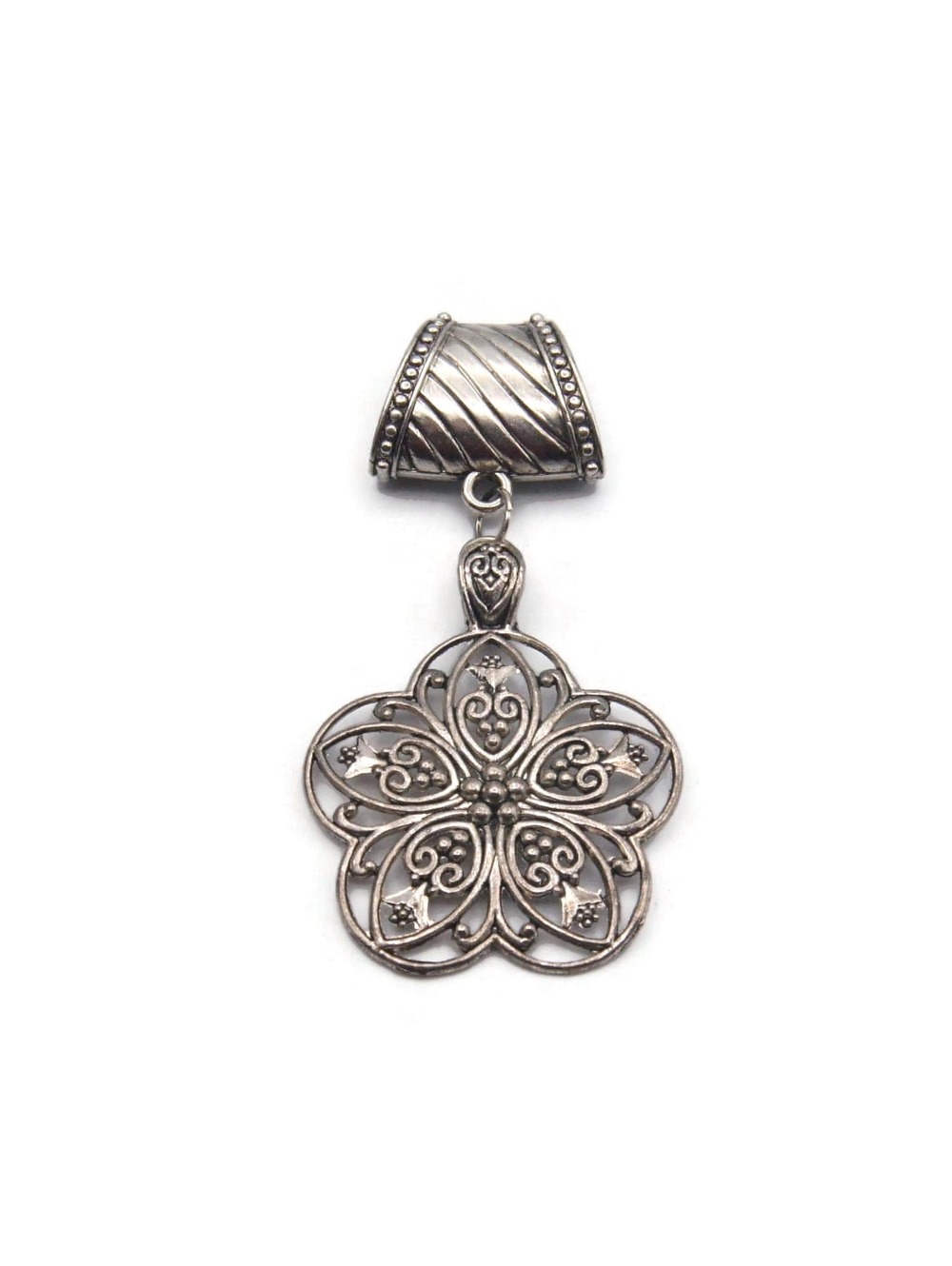 Vintage Silver Tone and Black Enamel Flower Pendant Scarf Slide.
